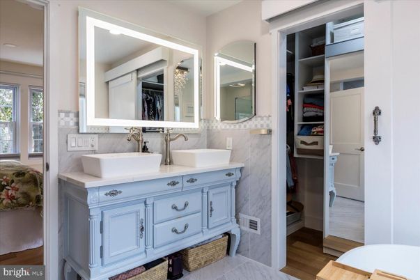 Bathroom, Dual Sink Vanities, Interior, Marble, Marble Walls, Wood Texture Flooring