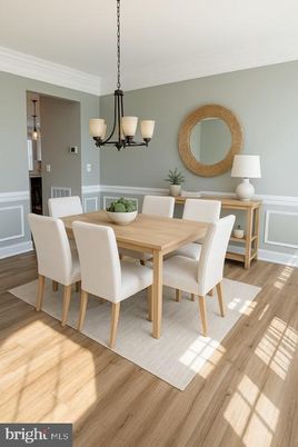 Chandelier, Dining room, Interior, Wood Texture Flooring