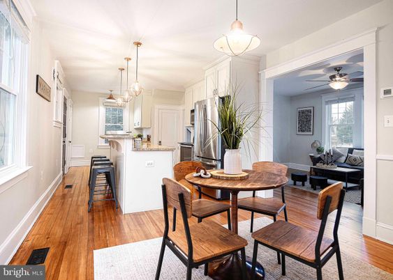 Dining room, Interior, Kitchen, Pendant Lights, Wood Texture Flooring