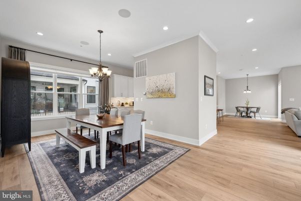 Chandelier, Dining room, Interior, Pendant Lights, Recessed Lighting, Wood Texture Flooring