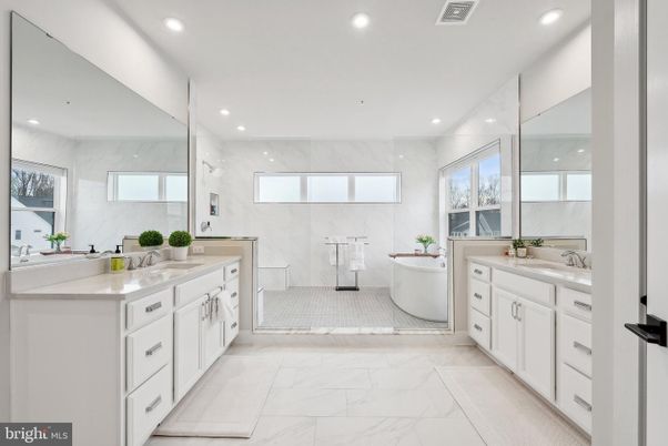Bathroom, Dual Sink Vanities, Free Standing Baths, Glass Shower, Interior, Marble, Marble Walls, Recessed Lighting