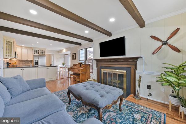 Fireplace, Interior, Kitchen, Living room, Piano, Recessed Lighting, Stainless Steel Appliances, Wooden Beams, Wood Texture Flooring