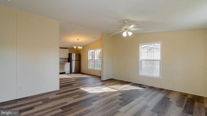 Chandelier, Empty room, Interior, Kitchen, Stainless Steel Appliances, Wood Texture Flooring