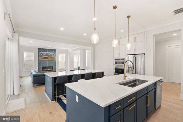 Fireplace, Interior, Kitchen, Living room, Pendant Lights, Recessed Lighting, Stainless Steel Appliances, Wood Texture Flooring