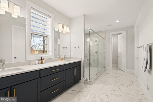 Bathroom, Dual Sink Vanities, Glass Shower, Interior, Marble, Recessed Lighting