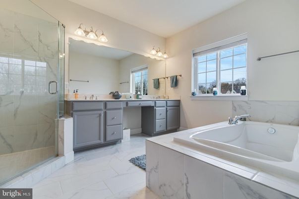 Bathroom, Dual Sink Vanities, Glass Shower, Interior, Marble, Marble Walls