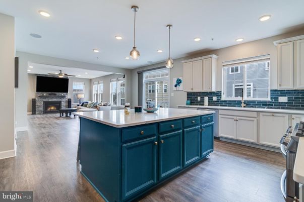 Fireplace, Interior, Kitchen, Living room, Pendant Lights, Recessed Lighting, Wood Texture Flooring
