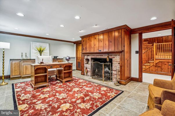 Fireplace, Home Office, Interior, Recessed Lighting, Wooden Walls