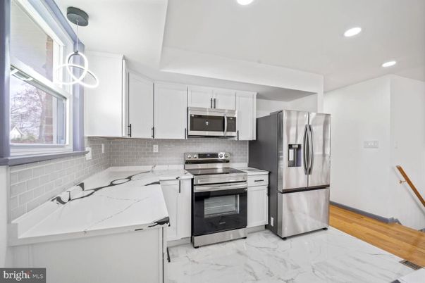 Interior, Kitchen, Marble, Recessed Lighting, Stainless Steel Appliances
