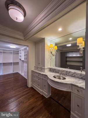 Bathroom, Dual Sink Vanities, Interior, Recessed Lighting, Wood Texture Flooring