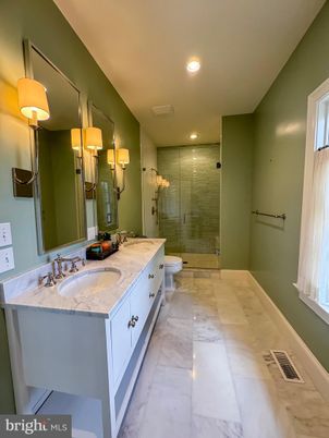 Bathroom, Dual Sink Vanities, Glass Shower, Interior, Marble, Recessed Lighting