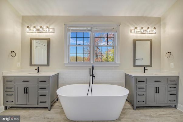 Bathroom, Dual Sink Vanities, Free Standing Baths, Interior, Wood Texture Flooring