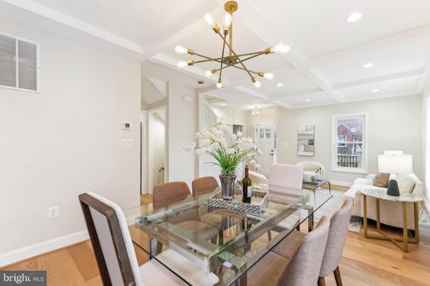 Dining room, Interior, Living room, Pendant Lights, Recessed Lighting, Wood Texture Flooring