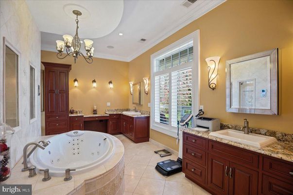 Bathroom, Chandelier, Dual Sink Vanities, Interior, Recessed Lighting