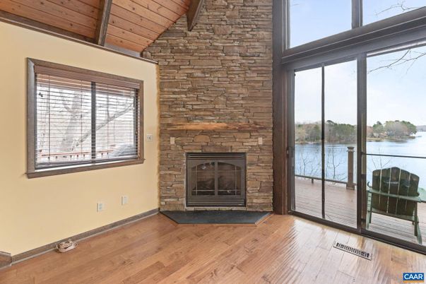 Fireplace, Interior, Stone Walls, Water, Wooden Ceilings, Wood Texture Flooring