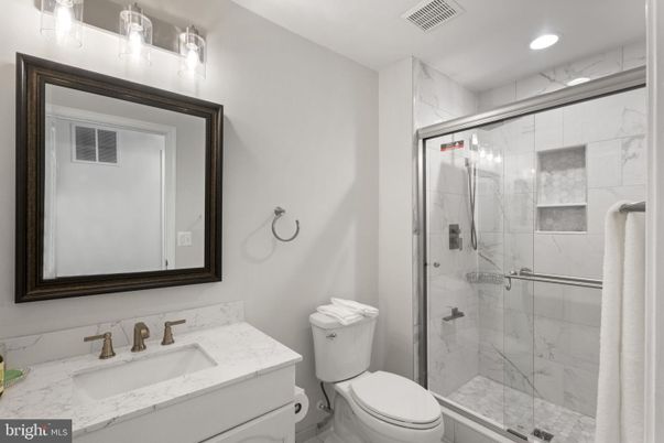 Bathroom, Glass Shower, Interior, Marble Walls, Recessed Lighting