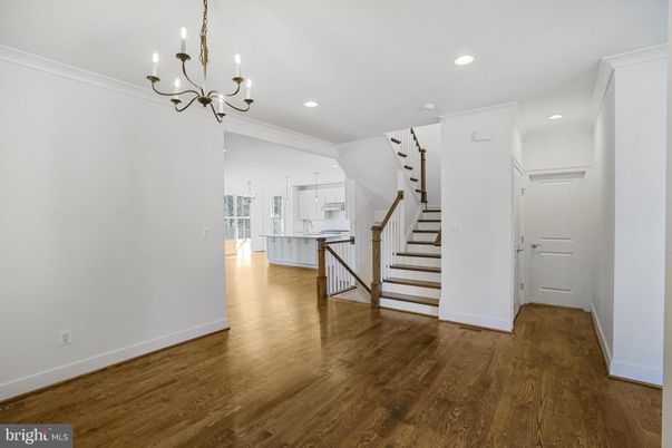 Chandelier, Empty room, Interior, Recessed Lighting, Wood Texture Flooring
