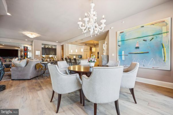 Chandelier, Dining room, Interior, Kitchen, Living room, Recessed Lighting, Wood Texture Flooring