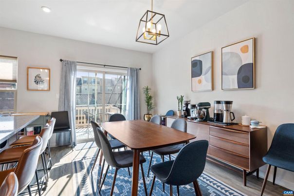 Dining room, Interior, Pendant Lights, Recessed Lighting, Wood Texture Flooring