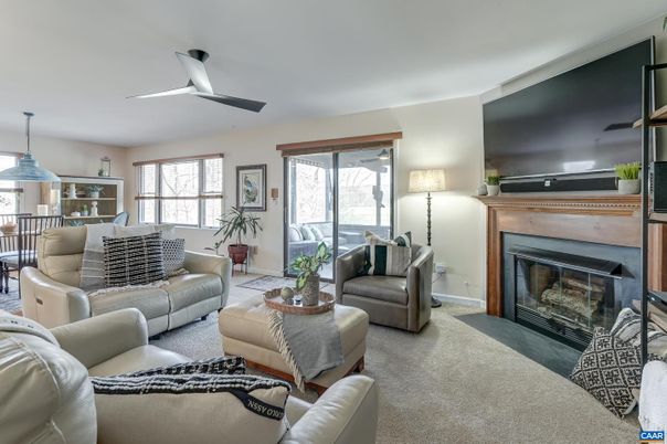 Dining room, Fireplace, Interior, Living room, Pendant Lights
