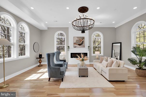 Chandelier, Fireplace, Interior, Living room, Recessed Lighting, Wood Texture Flooring