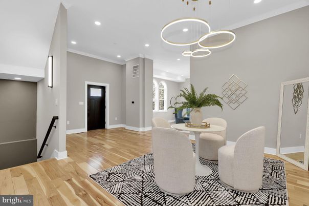 Dining room, Interior, Pendant Lights, Recessed Lighting, Wood Texture Flooring