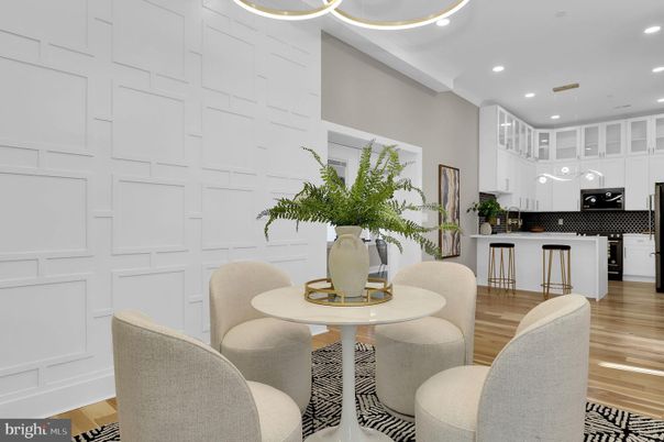 Dining room, Interior, Kitchen, Pendant Lights, Recessed Lighting, Wood Texture Flooring
