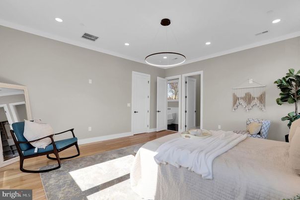 Bedroom, Interior, Pendant Lights, Recessed Lighting, Wood Texture Flooring