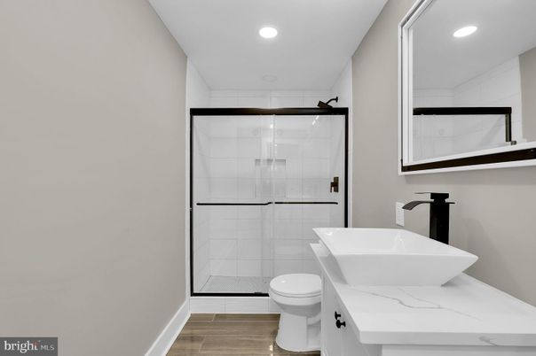 Bathroom, Glass Shower, Interior, Recessed Lighting, Wood Texture Flooring