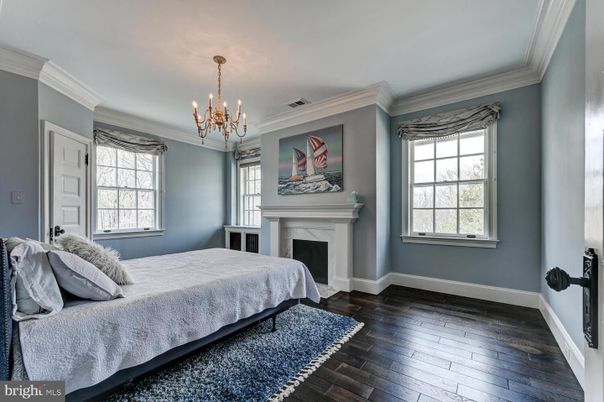 Bedroom, Chandelier, Fireplace, Interior, Wood Texture Flooring