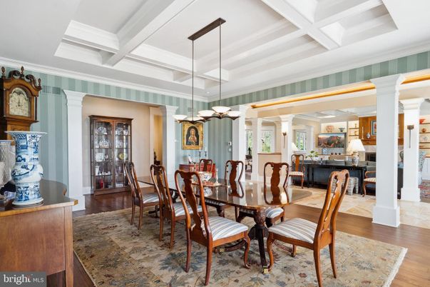 Dining room, Fireplace, Interior, Pendant Lights, Wood Texture Flooring