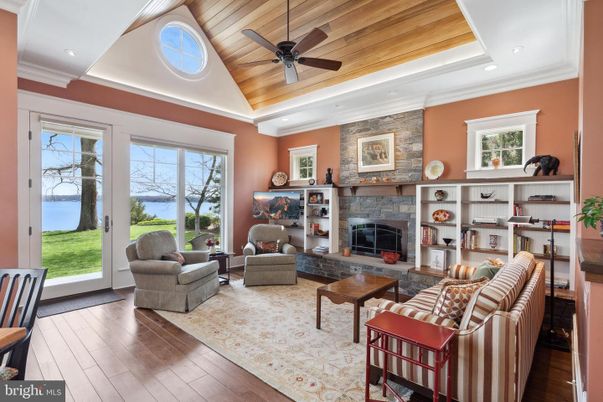 Fireplace, Interior, Living room, Recessed Lighting, Stone Walls, Wooden Ceilings, Wood Texture Flooring