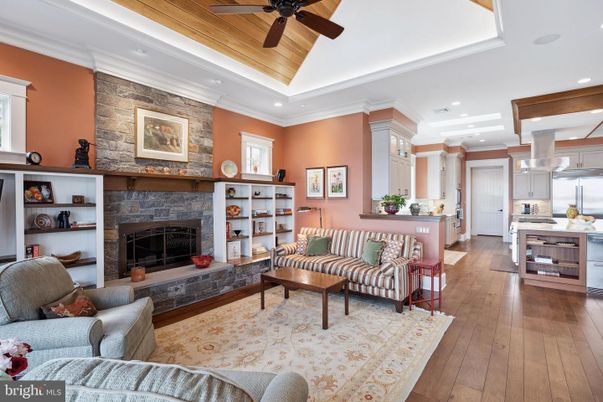 Fireplace, Interior, Kitchen, Living room, Recessed Lighting, Stone Walls, Wooden Ceilings, Wood Texture Flooring
