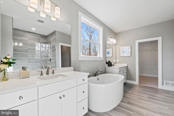 Bathroom, Dual Sink Vanities, Free Standing Baths, Glass Shower, Interior, Wood Texture Flooring
