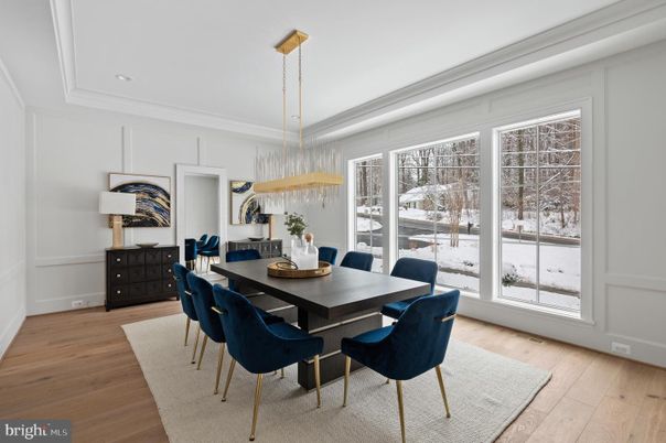 Dining room, Interior, Pendant Lights, Recessed Lighting, Wood Texture Flooring