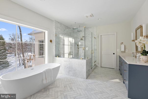 Bathroom, Free Standing Baths, Glass Shower, Interior, Marble, Marble Walls, Recessed Lighting