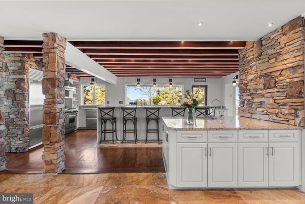 Interior, Kitchen, Pendant Lights, Recessed Lighting, Stone Walls, Wooden Beams, Wood Texture Flooring