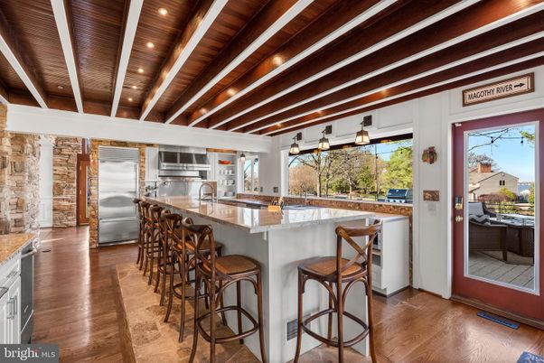 Interior, Kitchen, Recessed Lighting, Stainless Steel Appliances, Stone Walls, Wooden Beams, Wooden Ceilings, Wood Texture Flooring