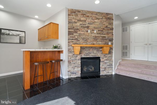 Fireplace, Interior, Recessed Lighting, Stone Walls