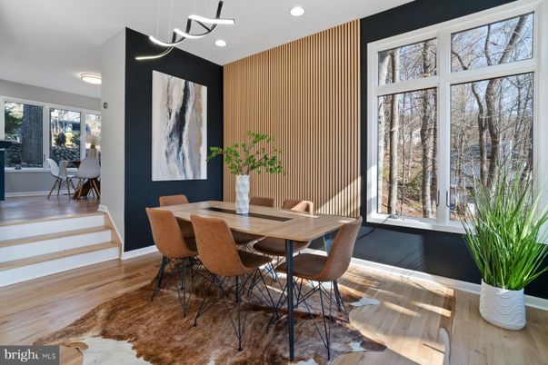 Dining room, Interior, Pendant Lights, Recessed Lighting, Wood Texture Flooring