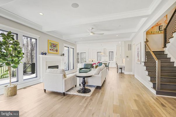 Fireplace, Interior, Kitchen, Living room, Pendant Lights, Recessed Lighting, Wood Texture Flooring