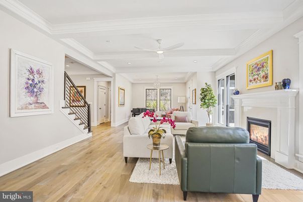 Dining room, Fireplace, Interior, Living room, Recessed Lighting, Wood Texture Flooring