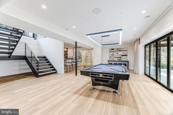 Billiard Table, Game Room, Interior, Pendant Lights, Recessed Lighting, Wood Texture Flooring