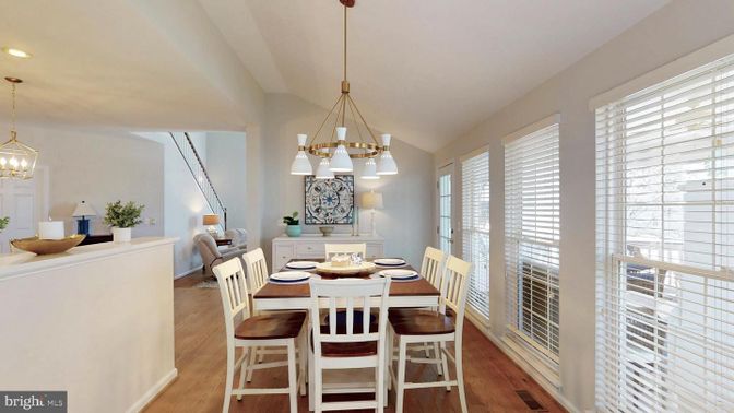 Dining room, Interior, Pendant Lights, Recessed Lighting, Wood Texture Flooring
