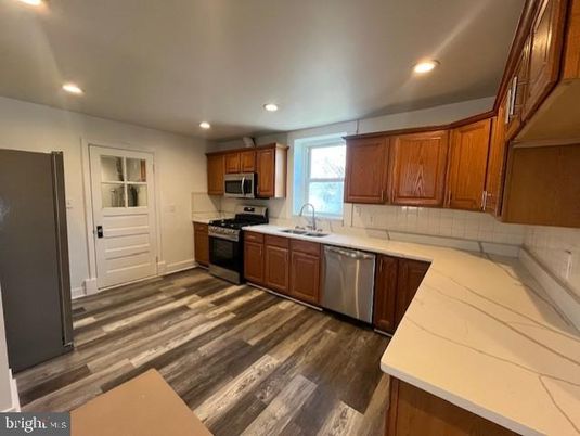 Interior, Kitchen, Recessed Lighting, Stainless Steel Appliances, Wood Texture Flooring