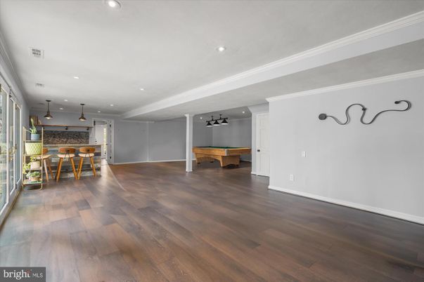 Billiard Table, Dining room, Game Room, Interior, Pendant Lights, Recessed Lighting, Wood Texture Flooring