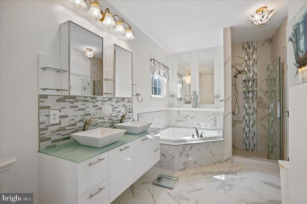 Bathroom, Dual Sink Vanities, Glass Shower, Interior, Marble, Marble Walls