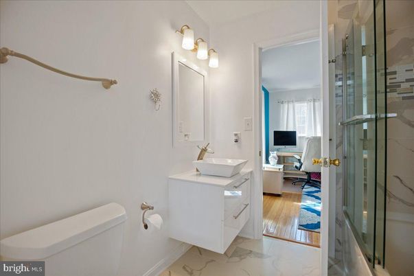Bathroom, Glass Shower, Interior, Marble, Wood Texture Flooring