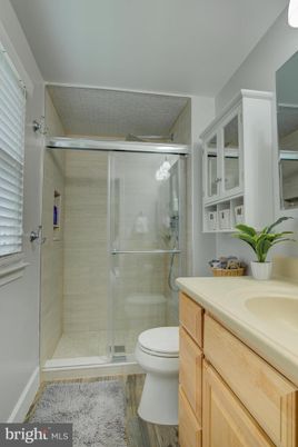 Bathroom, Glass Shower, Interior, Wood Texture Flooring