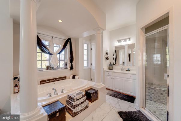 Bathroom, Dual Sink Vanities, Glass Shower, Interior, Marble, Recessed Lighting